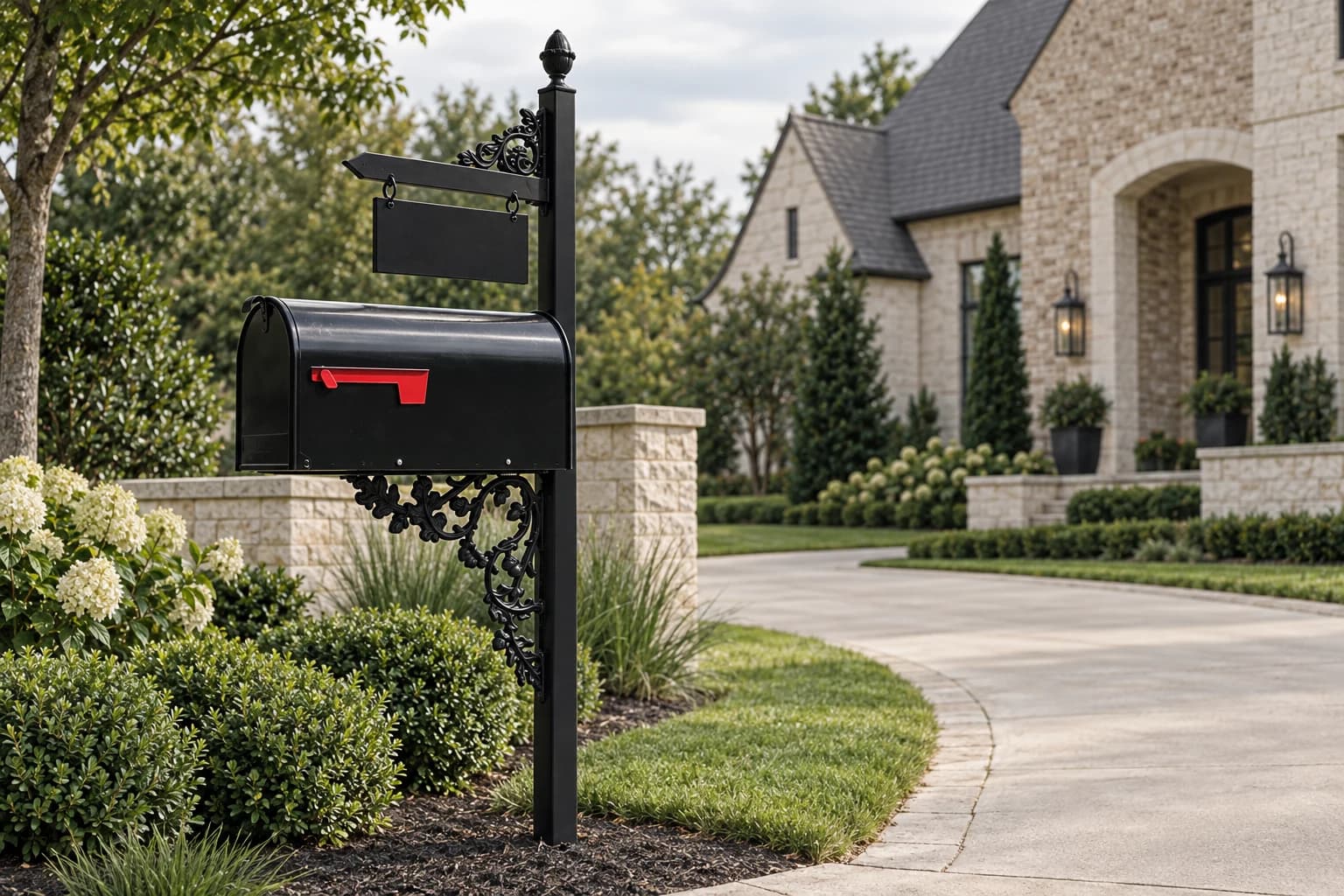 Conceptual street-side setting with a black mailbox and post in front of a limestone home