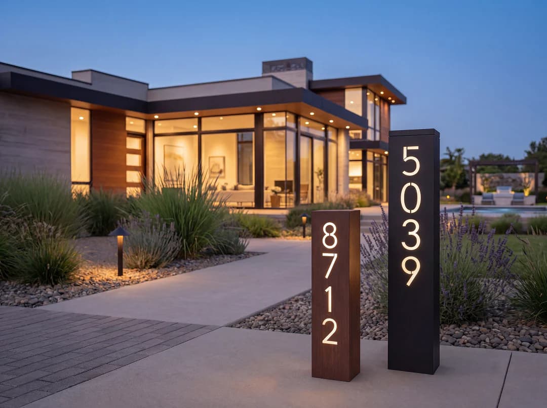 Wetherby Ridge solar address pillars illuminated at dusk